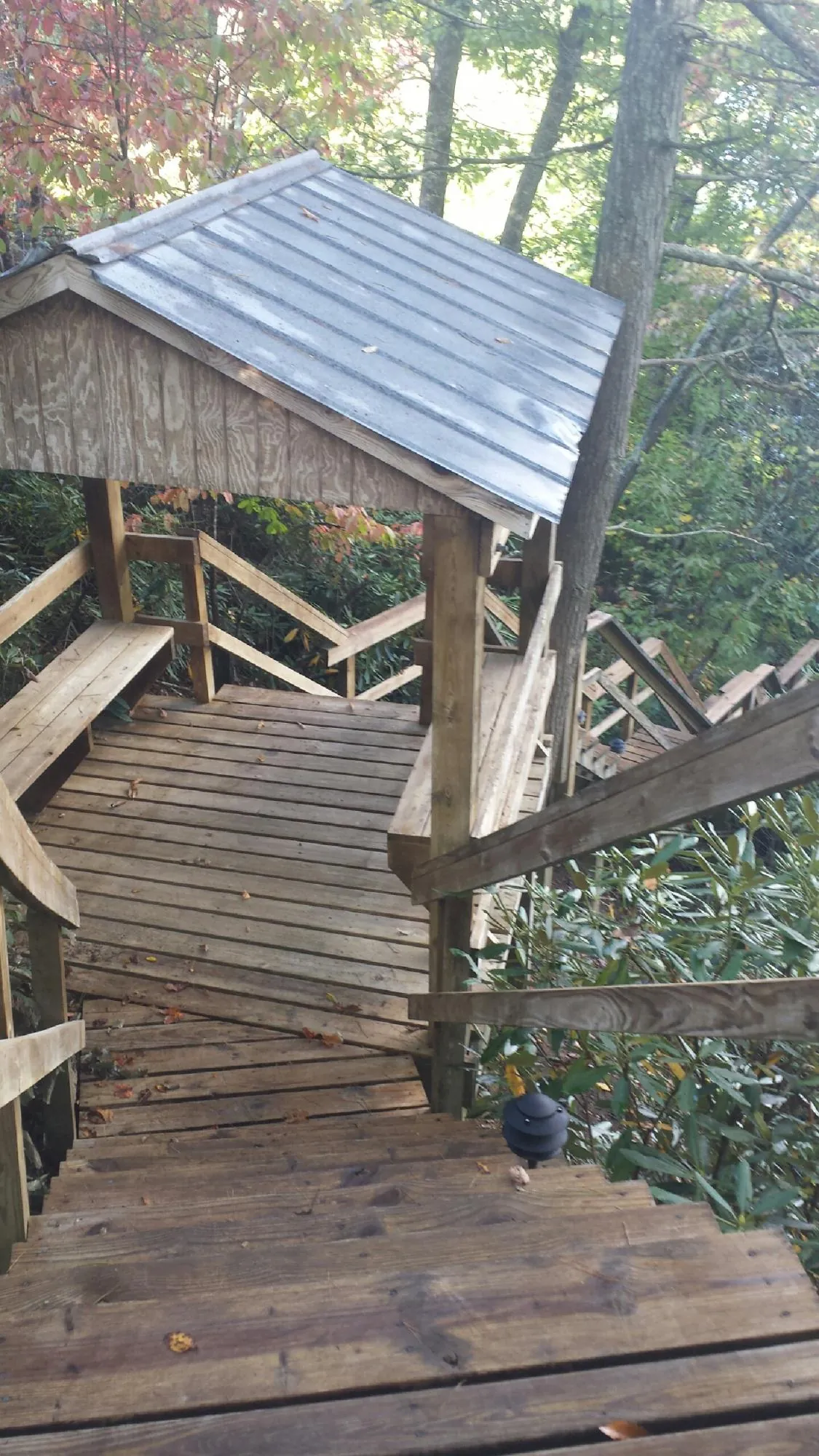 Metal roofed shelter over wooden steps on a wooded walkway — Skylight Repair & Installation work by our crew in Cheswold